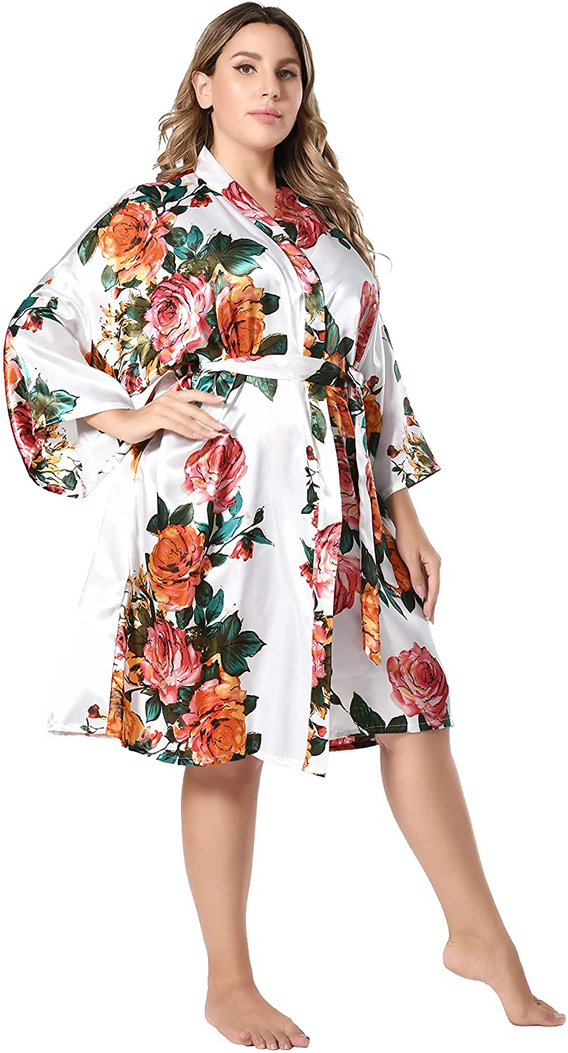 EPLAZA Women Floral Silky Satin Robe Wedding Bridal Party Bride Bridesmaid Robes Kimono Loungewear Dressing Gowns Apparel & Accessories > Clothing > Sleepwear & Loungewear > Robes EPLAZA   