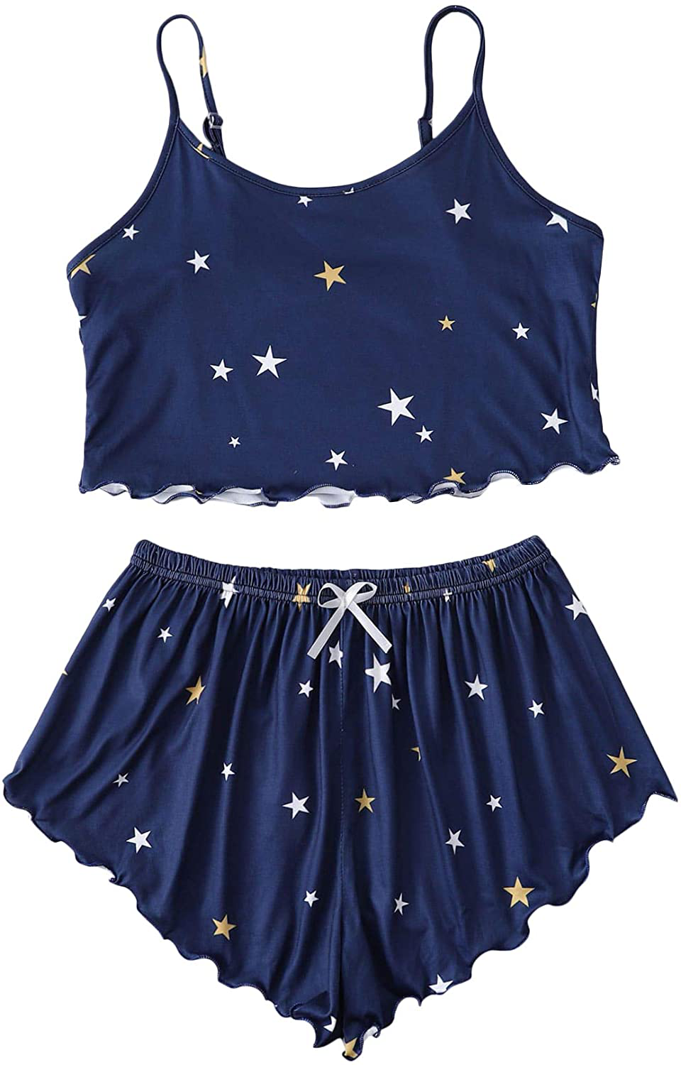 Shein Women'S Cow Print Sleepwear Lace Frill Trim Crop Cami Top and Shorts Pajama Set Apparel & Accessories > Clothing > Sleepwear & Loungewear Kylie Max   