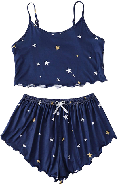 Shein Women'S Cow Print Sleepwear Lace Frill Trim Crop Cami Top and Shorts Pajama Set Apparel & Accessories > Clothing > Sleepwear & Loungewear Kylie Max   