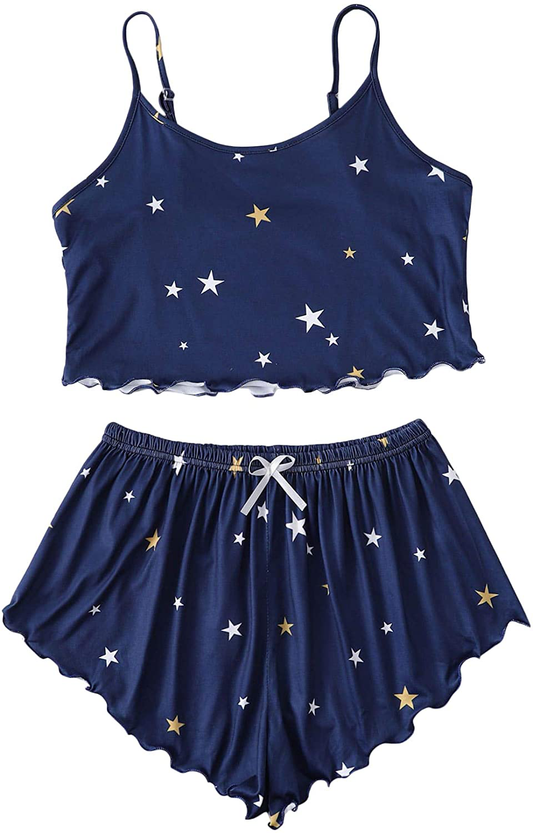 Shein Women'S Cow Print Sleepwear Lace Frill Trim Crop Cami Top and Shorts Pajama Set Apparel & Accessories > Clothing > Sleepwear & Loungewear Kylie Max   