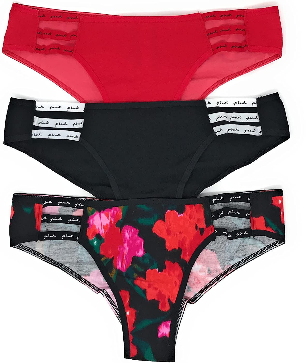 Victoria'S Secret Pink Cheekster Panty Set of 3  Victoria's Secret Strappy Red / Black / Red Floral Small 