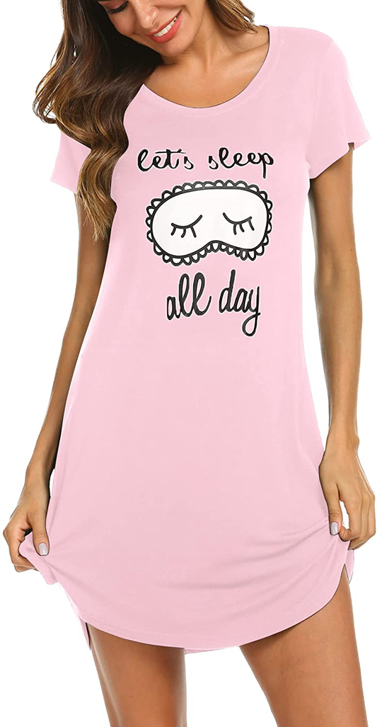 Hotouch Night Shirts Womens Nightgowns Cute round Neck Short Sleeve Printed Sleep Shirts Soft Sleepwear XS-XXL Apparel & Accessories > Clothing > Sleepwear & Loungewear > Nightgowns Kylie Max   