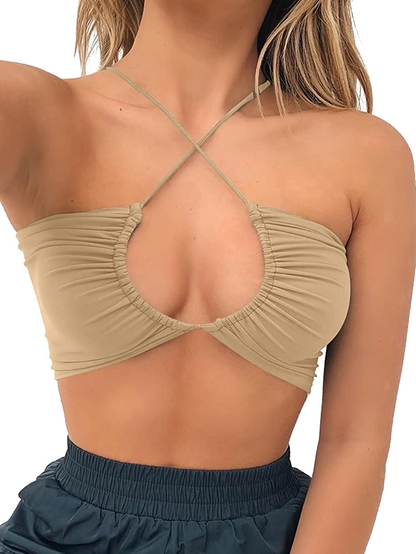 TOB Women'S Sexy Criss Cross Lace up Sling Basic Bow Tie Crop Top Apparel & Accessories > Clothing > Underwear & Socks > Lingerie TOB Khaki Medium 