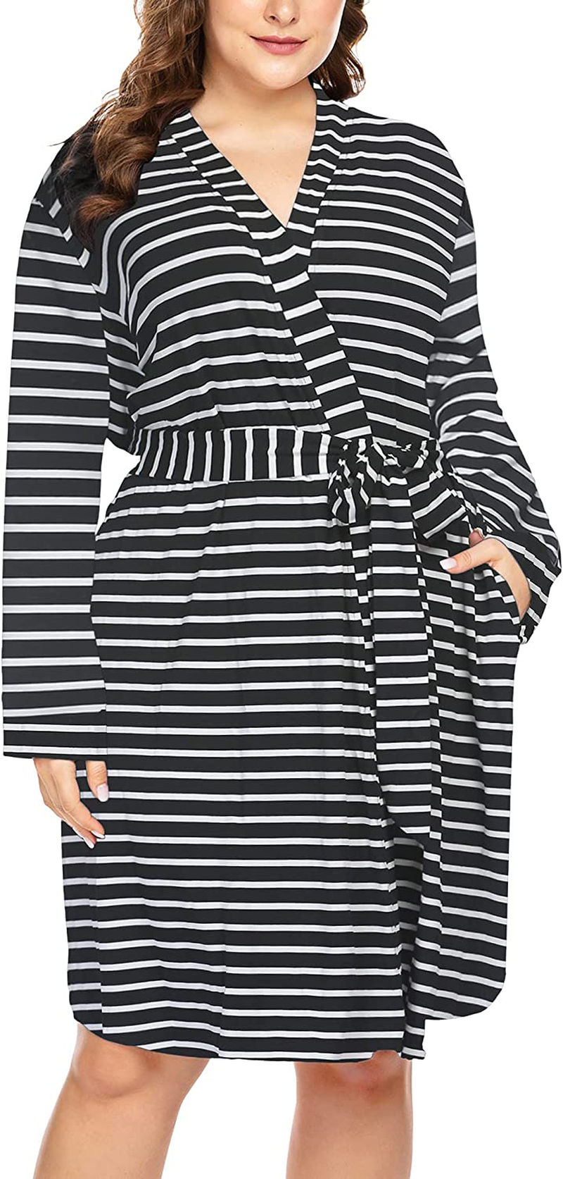 IN'VOLAND Women plus Size Robes Long Sleeve Bath Robe Knit Bathrobe Soft Sleepwear Ladies Nightwear(16W-28W) Apparel & Accessories > Clothing > Sleepwear & Loungewear > Robes IN'VOLAND Black & White Stripe 16 Plus 