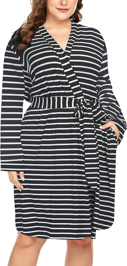 IN'VOLAND Women plus Size Robes Long Sleeve Bath Robe Knit Bathrobe Soft Sleepwear Ladies Nightwear(16W-28W) Apparel & Accessories > Clothing > Sleepwear & Loungewear > Robes IN'VOLAND Black & White Stripe 16 Plus 