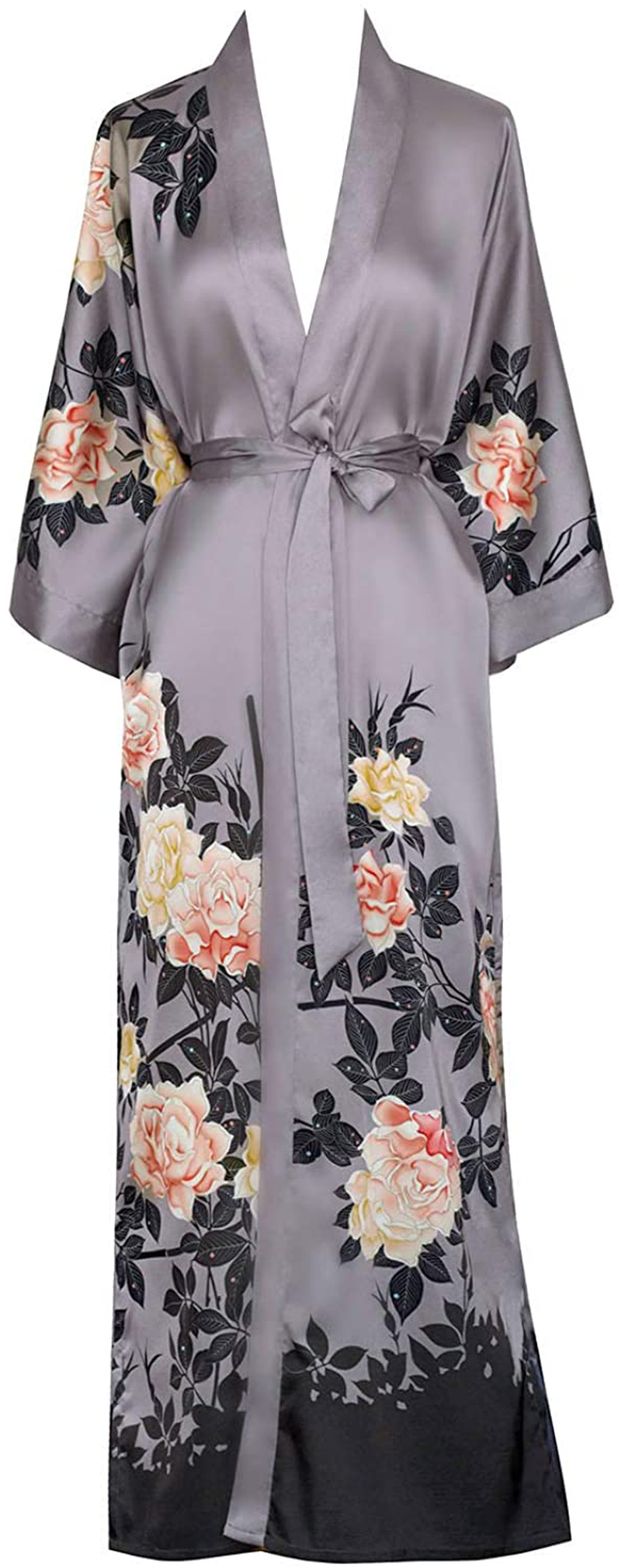 KIM+ONO Women'S Charmeuse Kimono Robe Long - Watercolor Floral Apparel & Accessories > Clothing > Sleepwear & Loungewear > Robes KIM+ONO Blush Rose - Dusk  