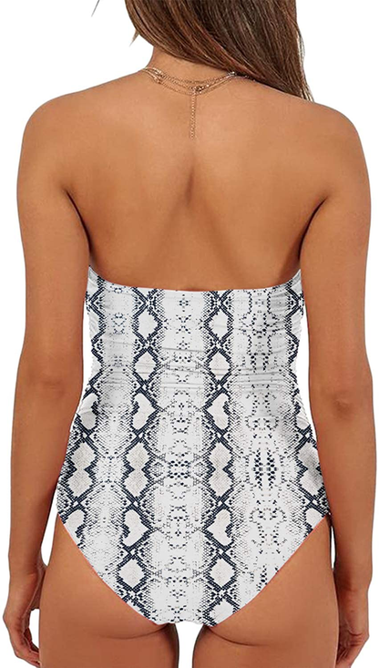 QINSEN Womens Sexy Strapless Tie Knot Front High Waist One Piece Swimsuit Apparel & Accessories > Clothing > Swimwear Kylie Max   