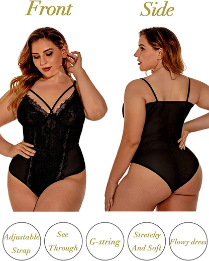 Kaei&Shi Plus Size Lingerie for Women,Sheer Lace Sexy V Neck Bodysuit,Eyelash One Piece Floral Teddy Valentine Apparel & Accessories > Clothing > Underwear & Socks > Lingerie Kaei&Shi   