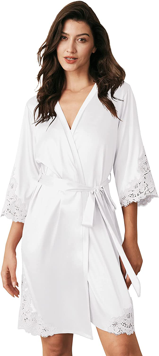 AW BRIDAL Women'S Satin Robe Lace Trim Kimono Silk Robe Short Bridal Party Robes for Brides Bridesmaids Wedding Loungewear Apparel & Accessories > Clothing > Sleepwear & Loungewear > Robes AW BRIDAL White Medium 