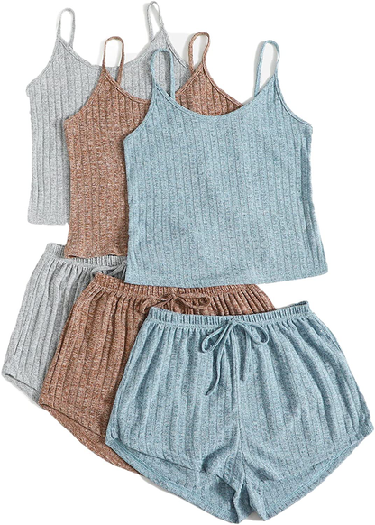 Shein Women'S 3 Sets Rib Knit Lounge Set Crop Cami Top and Tie Front Shorts Sleepwear Pajama Set Apparel & Accessories > Clothing > Sleepwear & Loungewear Kylie Max   