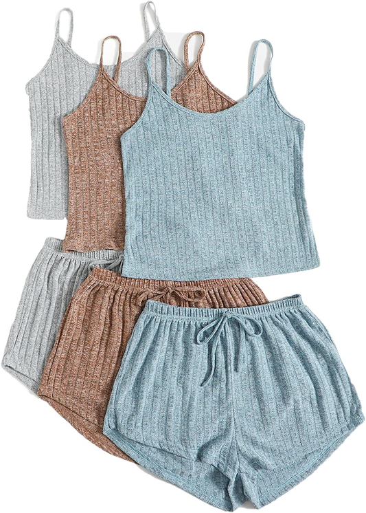 Shein Women'S 3 Sets Rib Knit Lounge Set Crop Cami Top and Tie Front Shorts Sleepwear Pajama Set Apparel & Accessories > Clothing > Sleepwear & Loungewear Kylie Max   