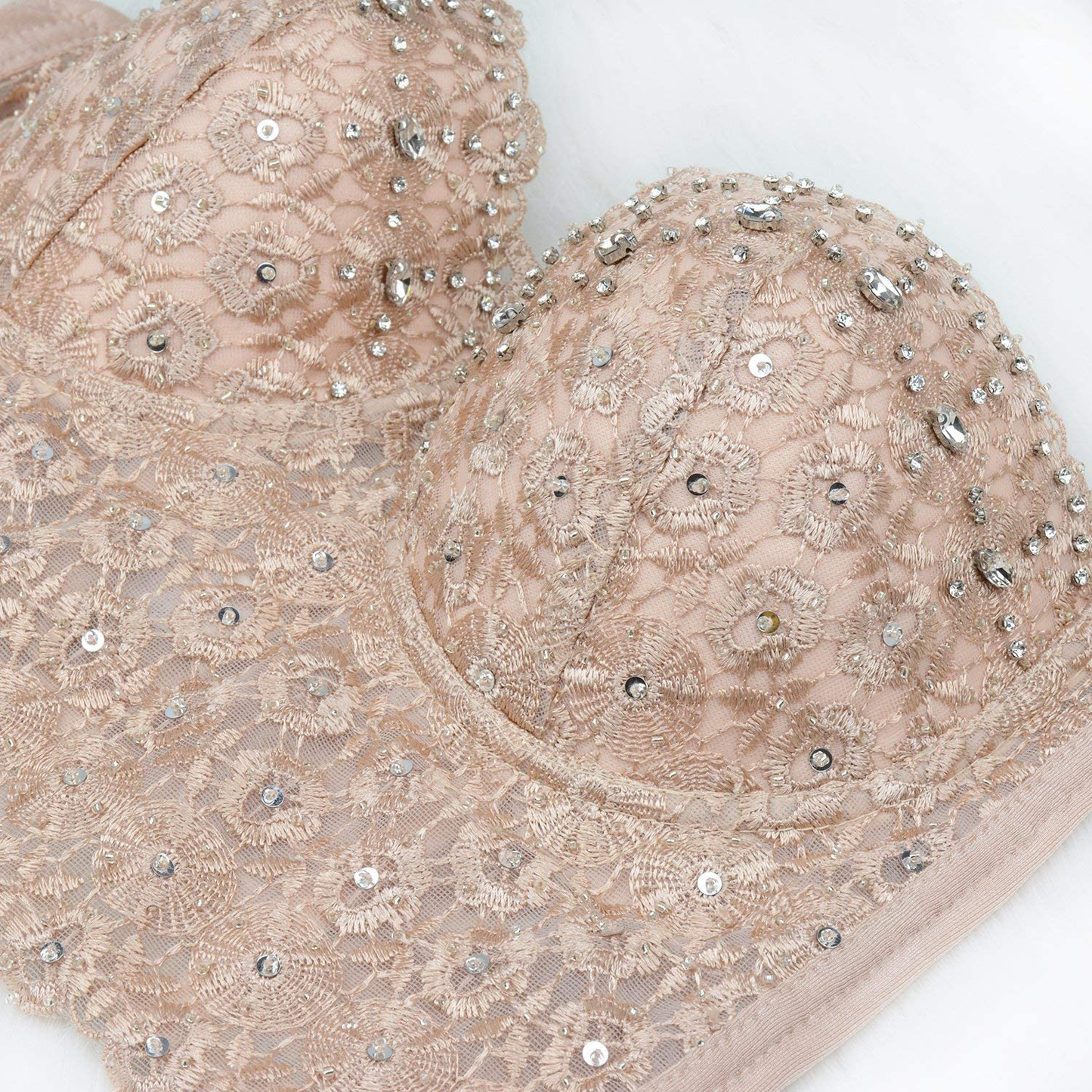 ELLACCI Women'S Natural Reigning Lace Rhinestone Bustier Crop Top Sexy Mesh Corset Top Bra Apparel & Accessories > Clothing > Underwear & Socks > Lingerie ELLACCI   