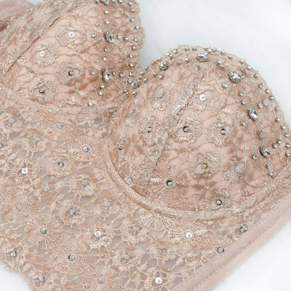 ELLACCI Women'S Natural Reigning Lace Rhinestone Bustier Crop Top Sexy Mesh Corset Top Bra Apparel & Accessories > Clothing > Underwear & Socks > Lingerie ELLACCI   