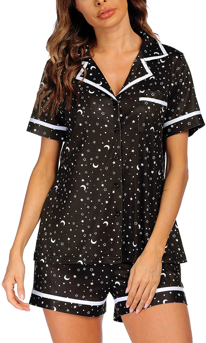 Ekouaer Pajamas Soft Striped Women's Short Sleeve Button Sleepwear Shorts Shirt PJ Set(S-XXL) Apparel & Accessories > Clothing > Sleepwear & Loungewear > Pajamas Ekouaer F-black Star XX-Large 