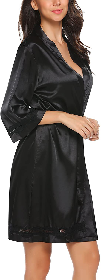 Ekouaer Women'S Lace-Trim Kimono Style Short Satin Robe Sleepwear with 3/4 Sleeve Apparel & Accessories > Clothing > Sleepwear & Loungewear > Robes Kylie Max   