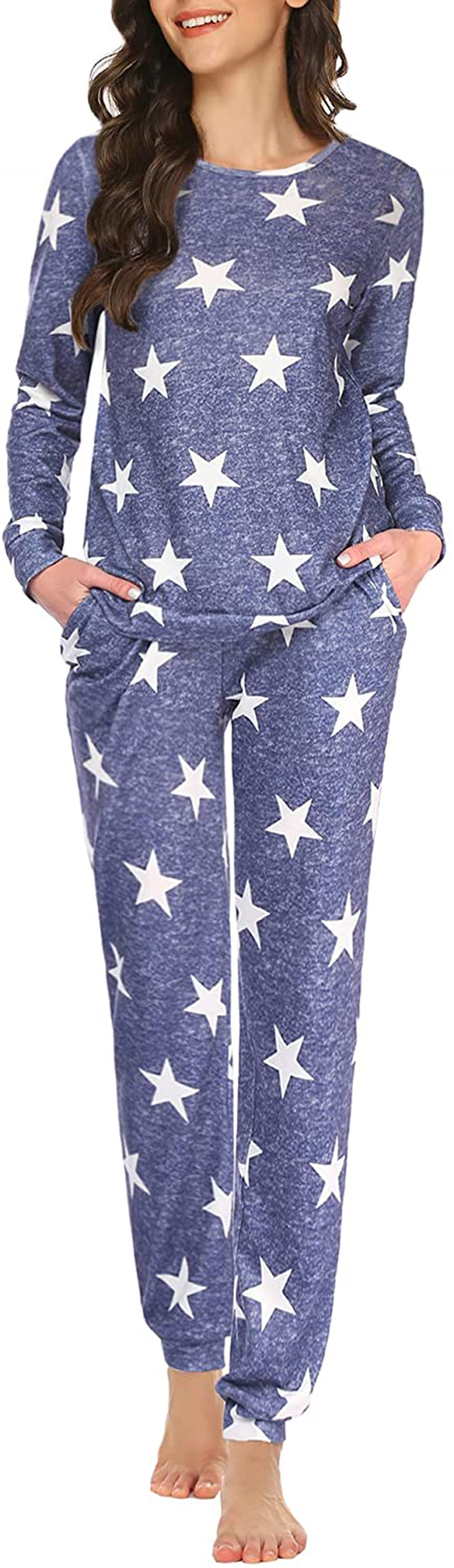 Ekouaer Womens Pajama Set Long Sleeve Sleepwear Star Print Nightwear Soft Pjs Lounge Sets with Pockets Apparel & Accessories > Clothing > Sleepwear & Loungewear > Pajamas Ekouaer Long-blue White Star X-Large 