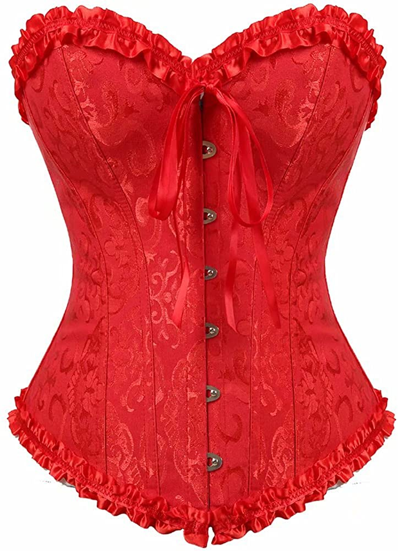 Corset Top Bustier Women'S Overbust Satin Floral Lace up Trim plus Size Bodyshaper Apparel & Accessories > Clothing > Underwear & Socks > Lingerie jutrisujo Red 819 4X-Large 