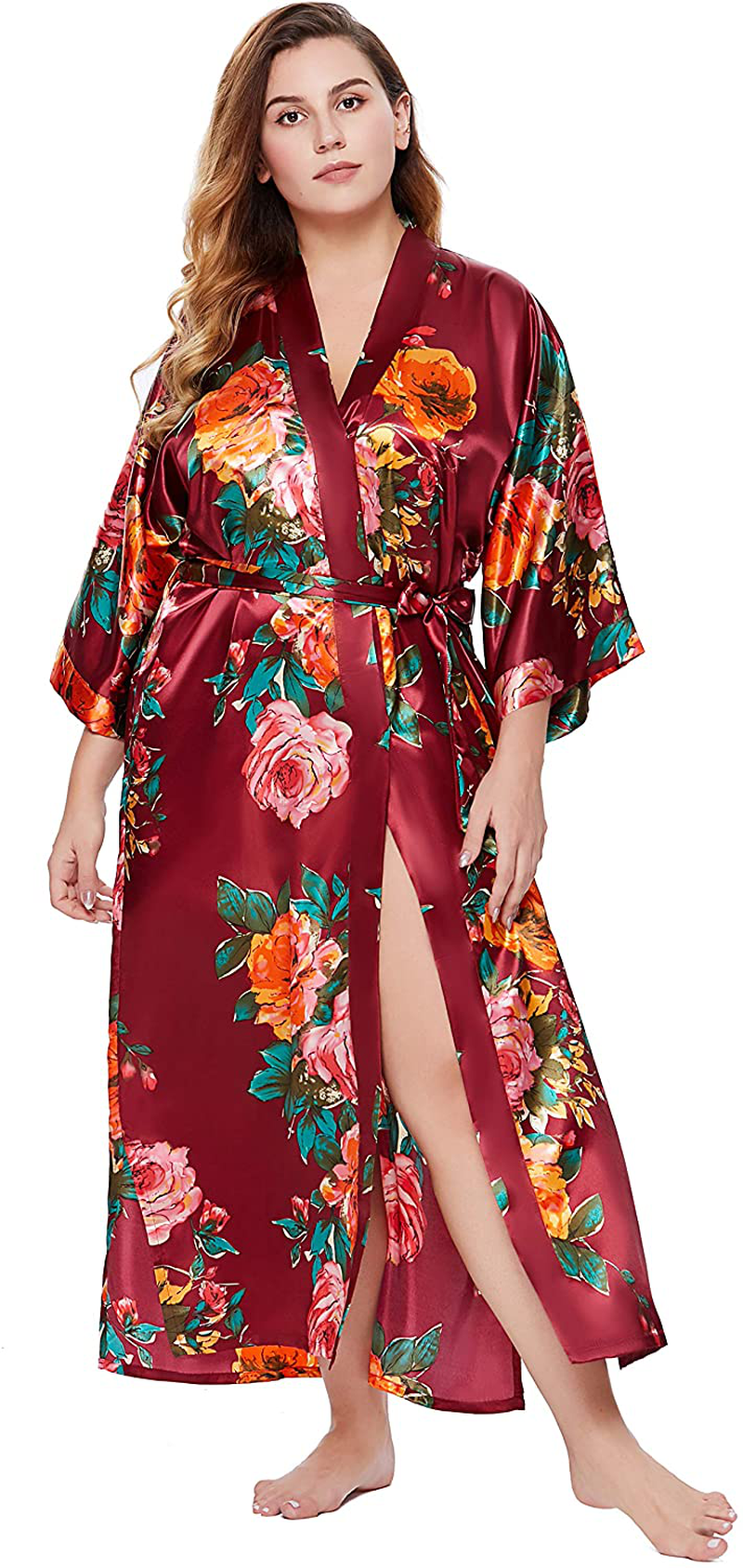 BABEYOND Kimono Robe plus Size Long Floral Satin Robes plus Size Kimono Cover up Loose Cardigan Top Bachelorette Party Robe Apparel & Accessories > Clothing > Sleepwear & Loungewear > Robes KYLIE MAX Winered  