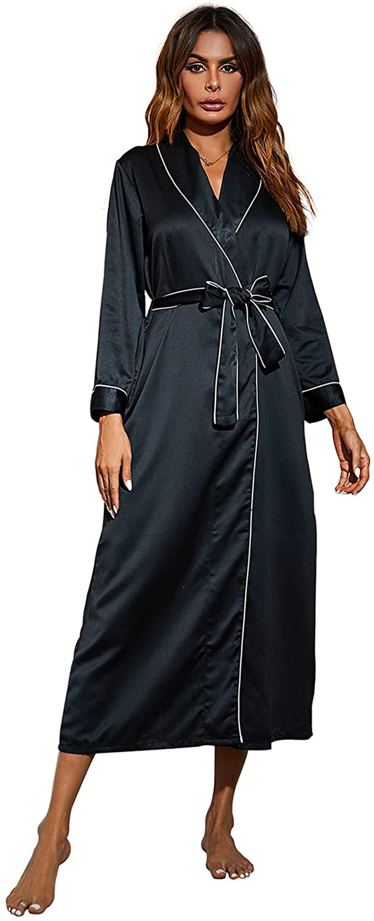 Long Black Silk Robe, Womens Satin Bathrobe, Kimono Style Robe, Long Sleeve Bath Robe Sets for Women, Silky Bridesmaid Robe (Black), One Size Apparel & Accessories > Clothing > Sleepwear & Loungewear > Robes U/D   