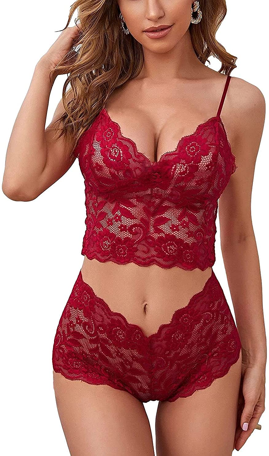 Lilosy Sexy Sheer Floral Lace Pajamas Lingerie Set High Waist Sleepwear Bra and Panty 2 Piece Nightwear Apparel & Accessories > Clothing > Underwear & Socks > Lingerie Lilosy Burgundy Red X-Small 