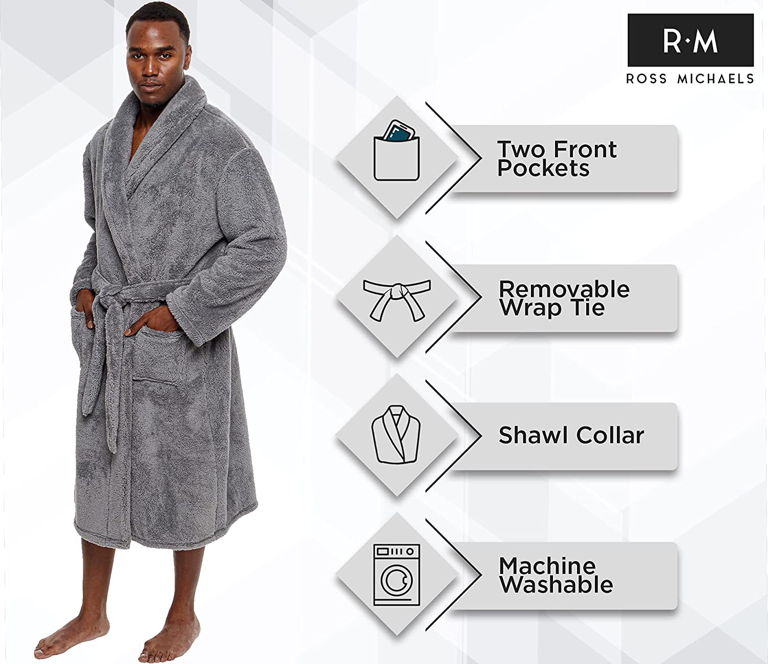 Ross Michaels Mens Luxury Robe Big & Tall - Plush Fleece Bathrobe 400GSM Mid Apparel & Accessories > Clothing > Sleepwear & Loungewear > Robes Kylie Max   
