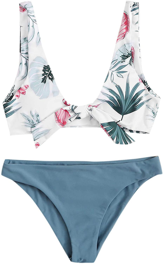 SweatyRocks Women's Sexy Bikini Swimsuit Tie Knot Front Leopard Print Swimwear Set Apparel & Accessories > Clothing > Swimwear SweatyRocks Floral Blue Medium 