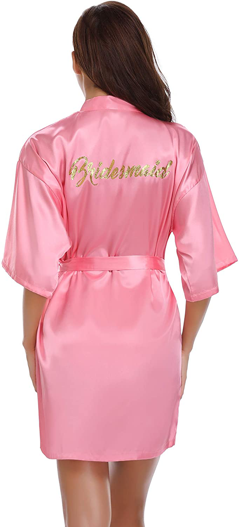 Vlazom Women'S Satin Robe Short Kimono for Bride & Bridesmaid Wedding Party Robes with Gold Glitter or Rhinestones Apparel & Accessories > Clothing > Sleepwear & Loungewear > Robes KYLIE MAX B-watermelon Red-bridesmaid XX-Large 