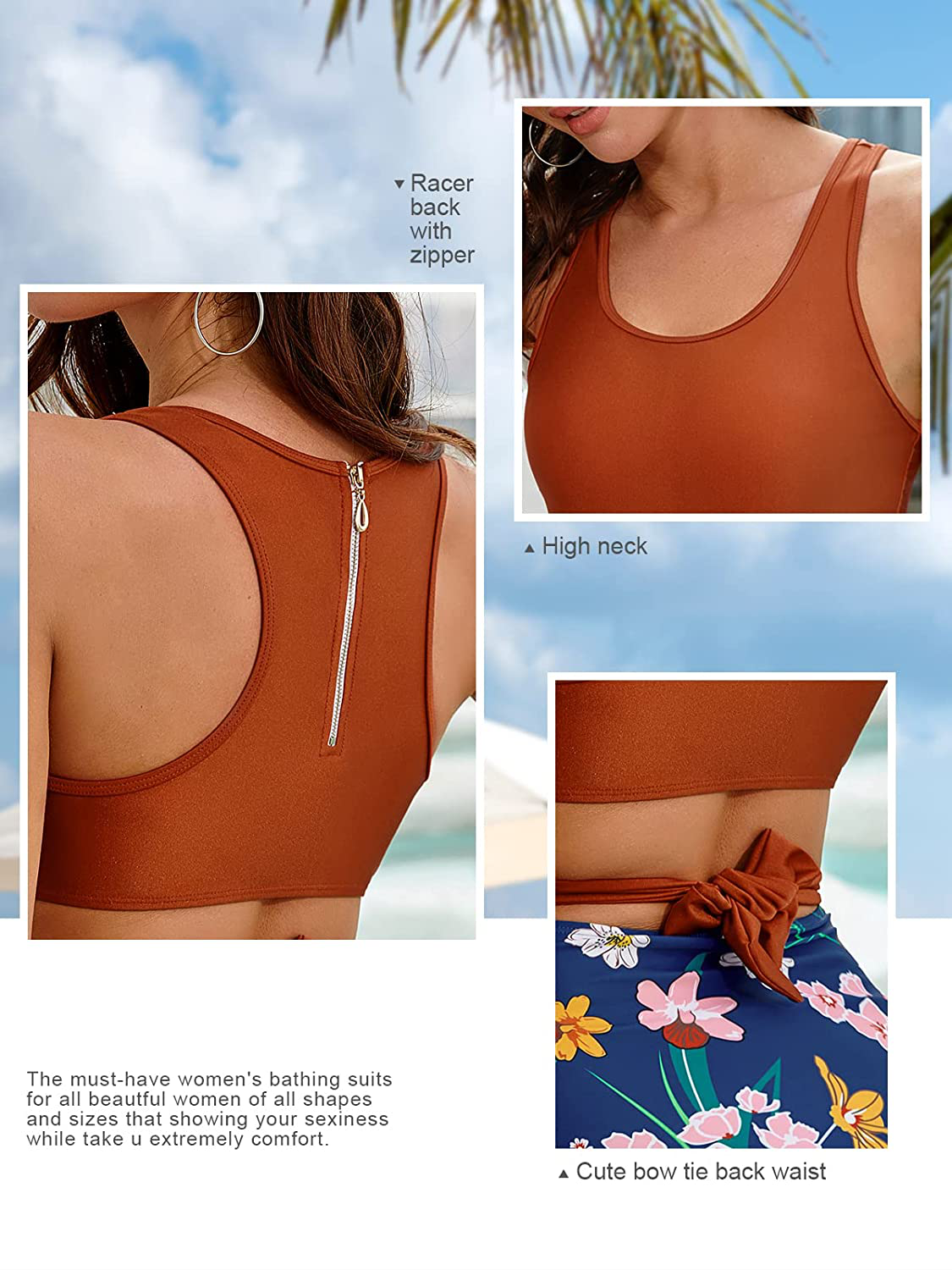 MOLYBELL One Piece Swimsuits for Women High Waisted Bathing Suit Monokini Floral Print Cutout Racerback Zip Up  Kylie Max   