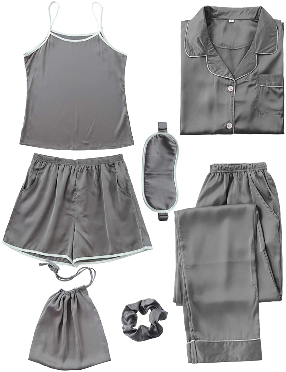 COCOHOME Women'S 7Pcs Pajama Set Satin Silk Sexy Cami Shorts Set Pjs and Button down Long Sleeve Shirt Sleepwear Loungewear Apparel & Accessories > Clothing > Sleepwear & Loungewear Kylie Max   