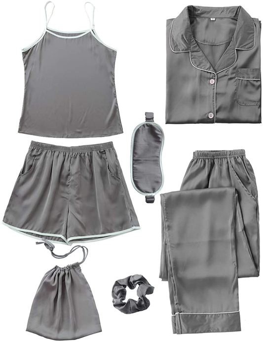 COCOHOME Women'S 7Pcs Pajama Set Satin Silk Sexy Cami Shorts Set Pjs and Button down Long Sleeve Shirt Sleepwear Loungewear Apparel & Accessories > Clothing > Sleepwear & Loungewear Kylie Max   