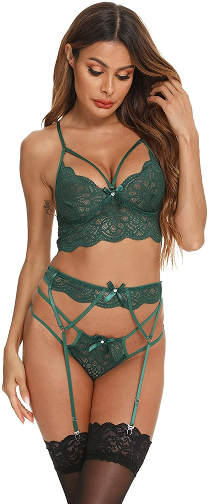 CHEENBOL Lace Lingerie Set for Women 3 Piece Bralette Lingerie Bodysuit with Garter Belt(No Stockings) Apparel & Accessories > Clothing > Underwear & Socks > Lingerie CHEENBOL   