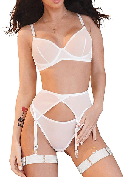 Kaei&Shi Sheer Mesh,Underwire Bra,Thong,5 Pieces,Garter Lingerie for Women Apparel & Accessories > Clothing > Underwear & Socks > Lingerie Kaei&Shi White 2-4 