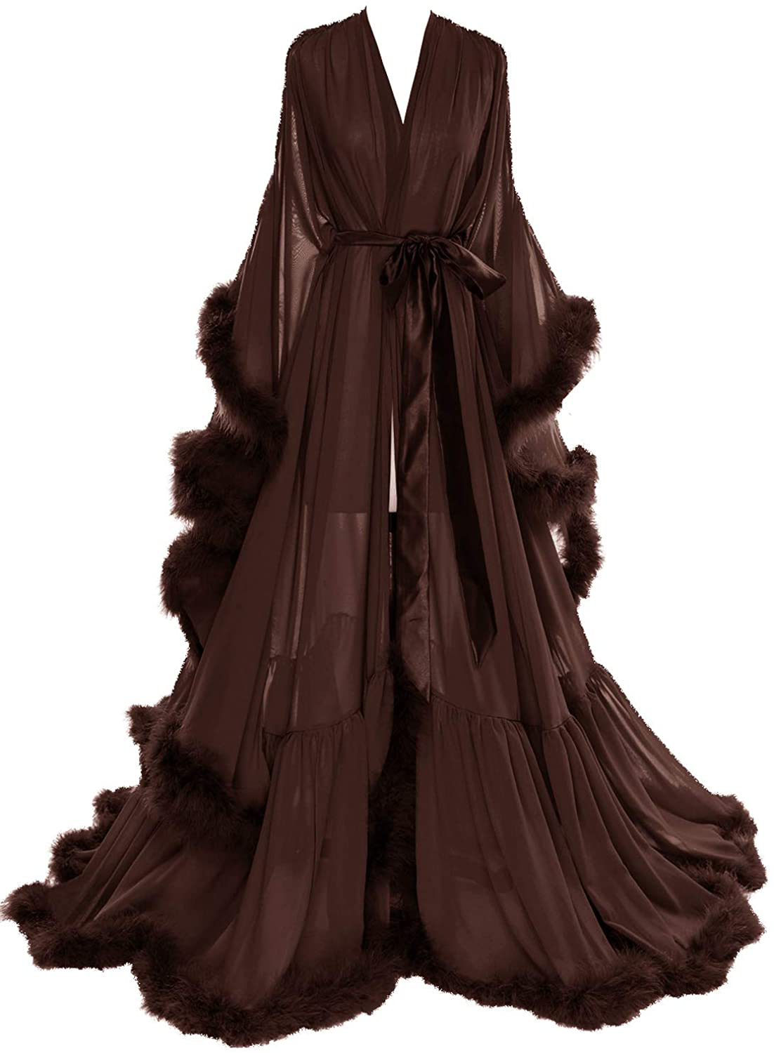 Molisa Women'S Sexy Feather Bridal Robe Long Wedding Scarf Illusion Bathrobe Sleepwear Lingerie Robe Nightgown Apparel & Accessories > Clothing > Sleepwear & Loungewear > Robes Molisa Brown Small-Medium 