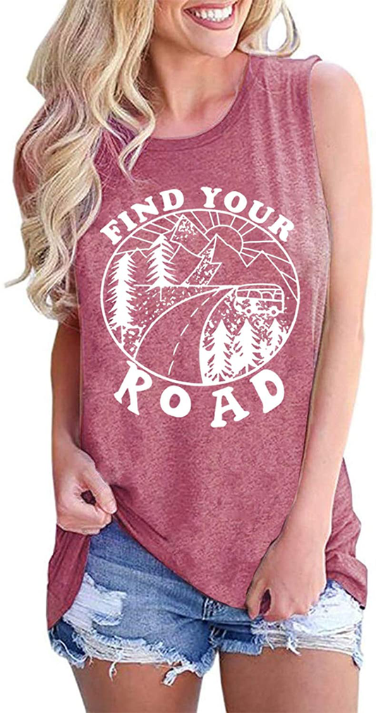 Umsuhu Find Your Road Shirts Tank Tops Women Sleeveless Summer Graphic Tank Tops Tee Shirts Apparel & Accessories > Clothing > Activewear Kylie Max   