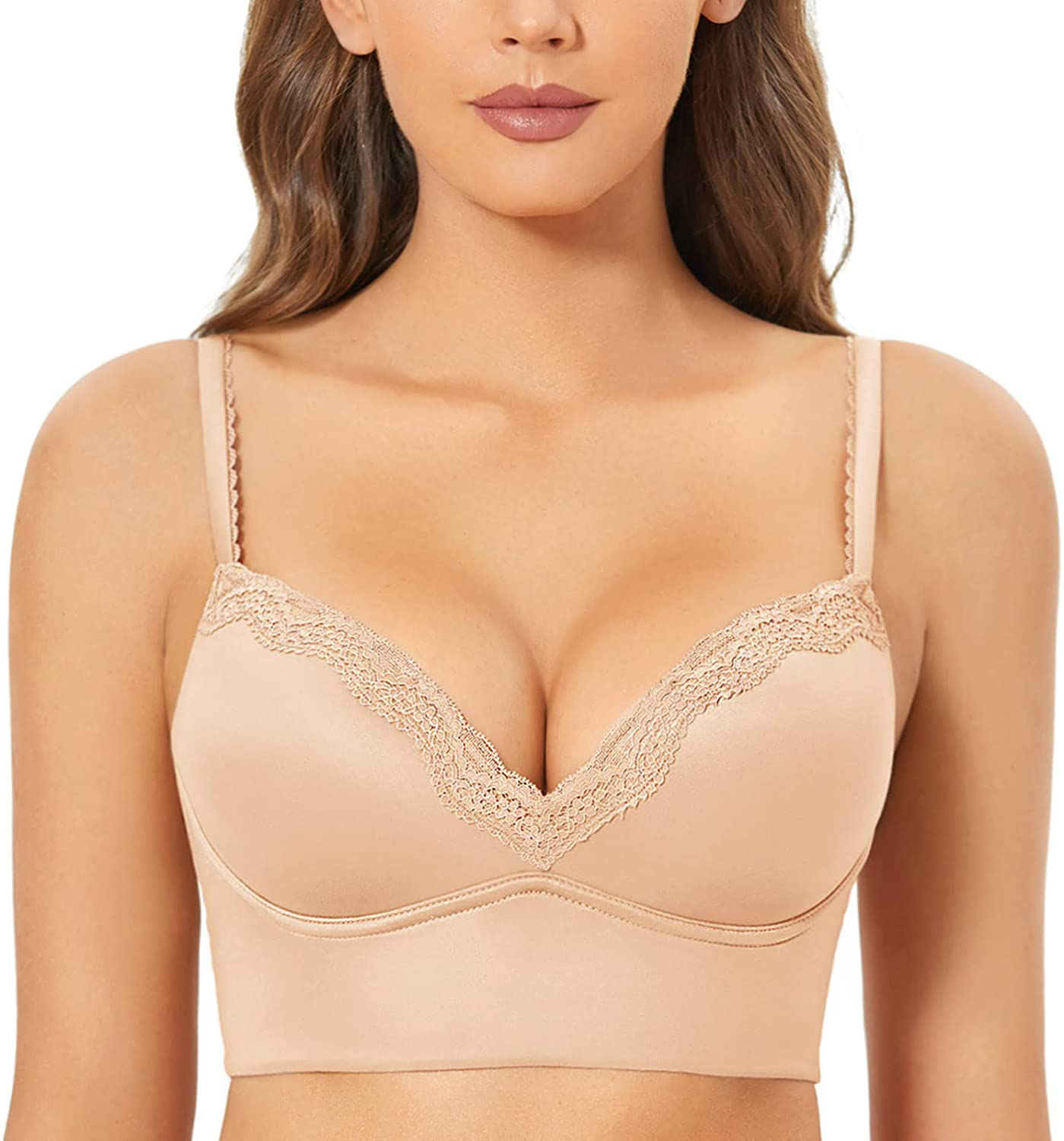 DOBREVA Women's Push Up Bra Wireless Padded Bralette Lace Longline Support Bras Apparel & Accessories > Clothing > Underwear & Socks > Bras DOBREVA Beige 40D 