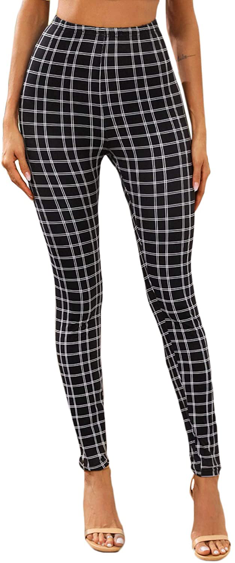 SweatyRocks Women's Casual Skinny Leggings Stretchy High Waisted Work Pants Apparel & Accessories > Clothing > Activewear SweatyRocks Black White Checked Large 
