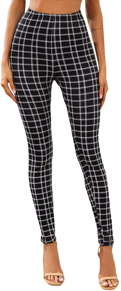 SweatyRocks Women's Casual Skinny Leggings Stretchy High Waisted Work Pants Apparel & Accessories > Clothing > Activewear SweatyRocks Black White Checked Large 
