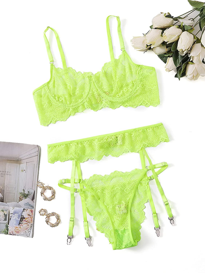 Shein Women'S 3 Piece Floral Lace Lingerie Set with Garter Belts Sexy Bra and Panty Apparel & Accessories > Clothing > Underwear & Socks > Lingerie SheIn   