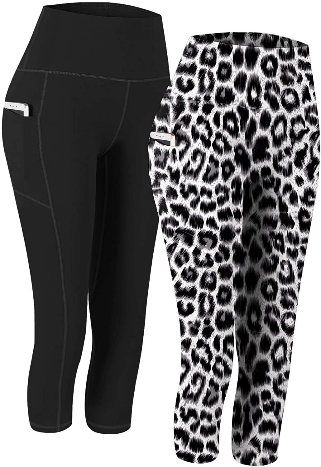 Fengbay 2 Pack High Waist Yoga Pants, Pocket Yoga Pants Tummy Control Workout Running 4 Way Stretch Yoga Leggings Apparel & Accessories > Clothing > Activewear Fengbay Capris Black & White Leopard Small 