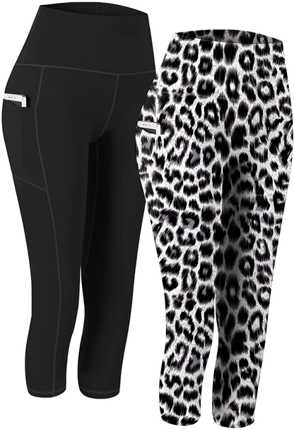 Fengbay 2 Pack High Waist Yoga Pants, Pocket Yoga Pants Tummy Control Workout Running 4 Way Stretch Yoga Leggings Apparel & Accessories > Clothing > Activewear Fengbay Capris Black & White Leopard Small 