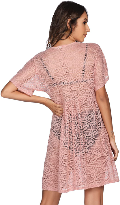 Ekouaer Women Swimsuit Cover Ups Batwing Sleeve Sheer Lace Cover up Bathing Suit Beach Dress Apparel & Accessories > Clothing > Swimwear Kylie Max   