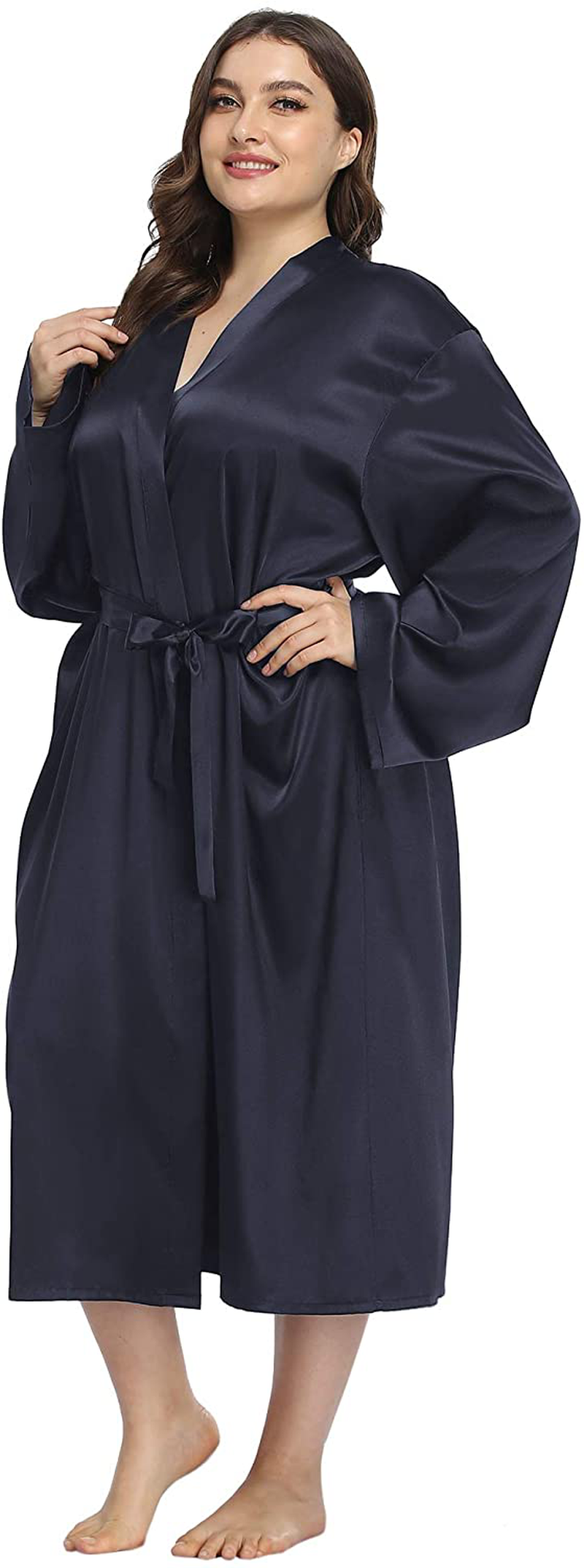 Ifigure Women'S plus Size Satin Robe Long Bathrobes Dressing Gown Soft Sleepwear Apparel & Accessories > Clothing > Sleepwear & Loungewear > Robes iFigure Navy 2X 