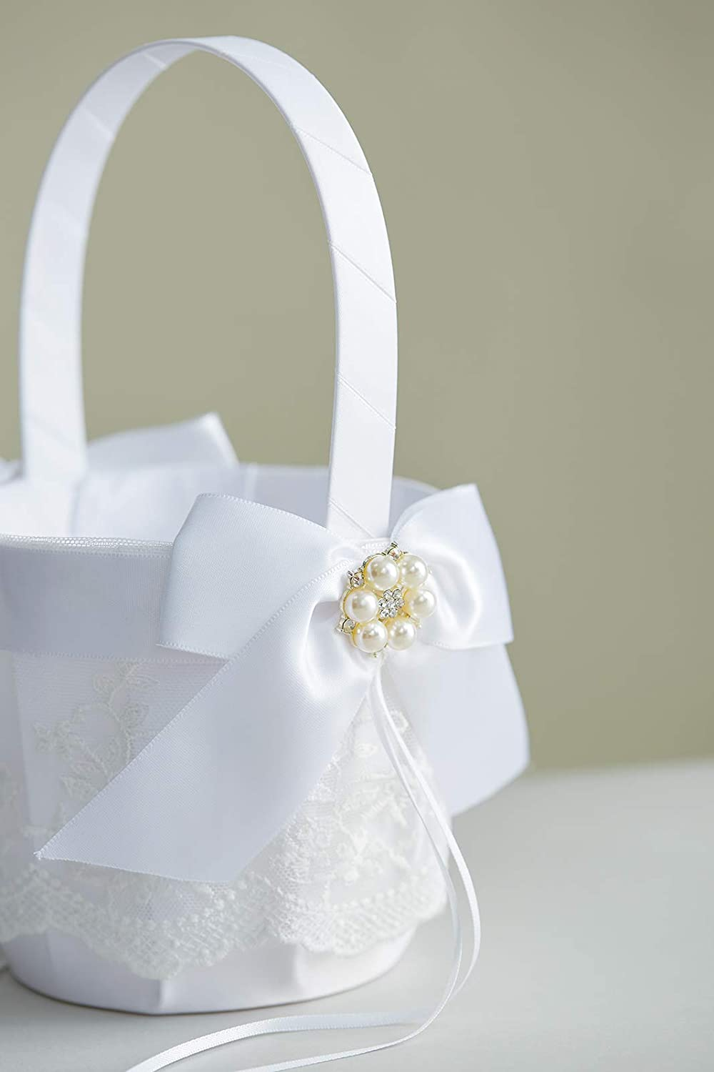 ATAILOVE Wedding Flower Girl Basket and Ring Bearer Pillow Set, Satin Bow Lace Rhinestone Collection (White) Apparel & Accessories > Clothing > Underwear & Socks > Lingerie ATAILOVE   
