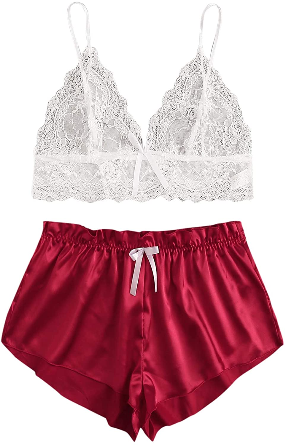 SOLY HUX Women'S plus Size Spaghetti Strap Lace Trim Bralette and Shorts Sleepwear Pajama Lingerie Set Apparel & Accessories > Clothing > Underwear & Socks > Lingerie KYLIE MAX White & Burgundy X-Large Plus 