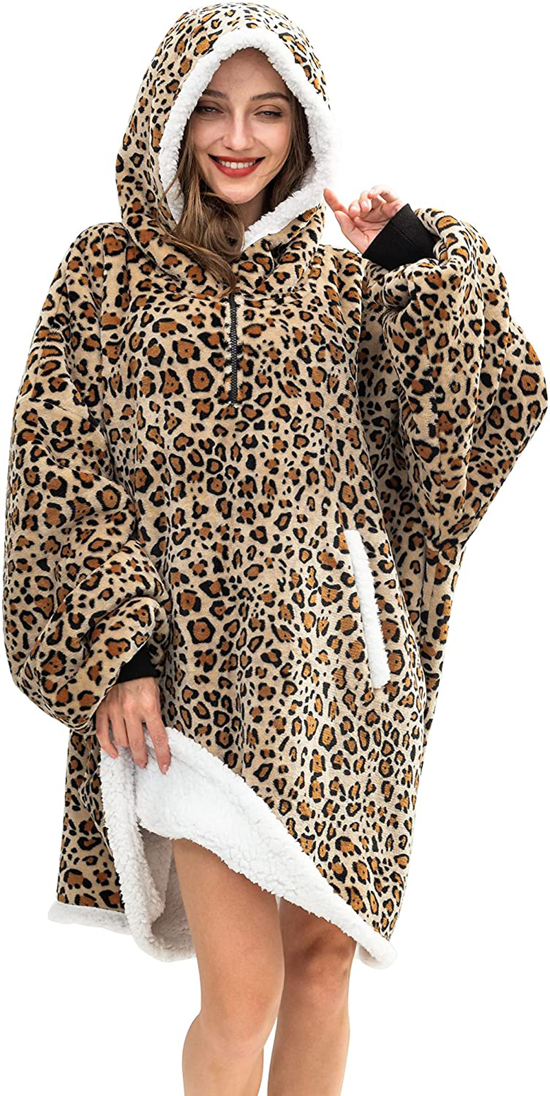 HBlife Oversized Long Wearable Blanket Hoodie for Adult, Thick Sherpa Sweatshirt with Elastic Sleeves and Giant Pockets Super Warm and Cozy Fuzzy Plush Fleece Blanket Jacket, Blue Arts & Entertainment > Party & Celebration > Gift Giving HBlife Leopard Adult-Short 