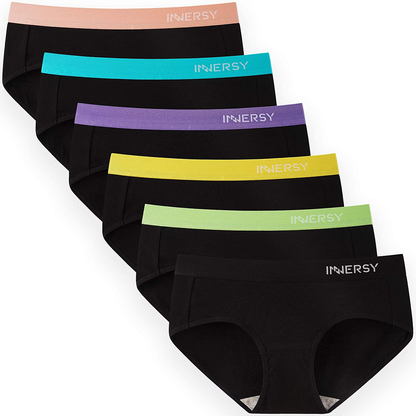INNERSY Womens Underwear Hipster Panties Cotton Low Rise Briefs Pack of 6 Apparel & Accessories > Clothing > Underwear & Socks > Underwear INNERSY 6 Blacks With Color Waistbands Small 