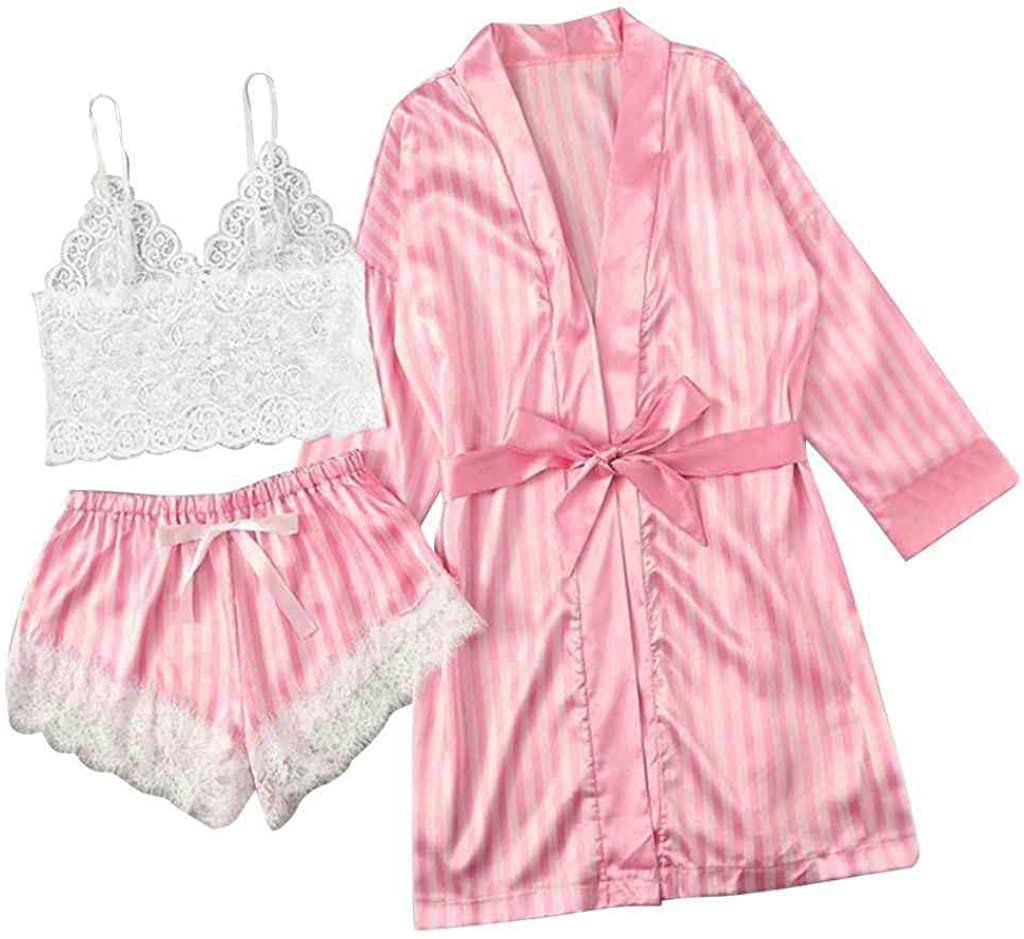 TAKOYI Women'S Sexy Lace 3 Piece Satin Robe and Pajama Set Cami Top Lingerie with Robe Camisole Shorts Apparel & Accessories > Clothing > Sleepwear & Loungewear Kylie Max   