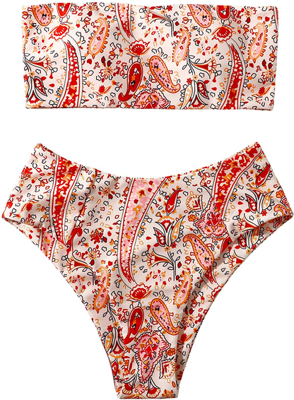 OMKAGI Women's 2 Pieces Bandeau Bikini Swimsuits Off Shoulder High Waist Bathing Suit High Cut Apparel & Accessories > Clothing > Swimwear OMKAGI 5-floral Medium 