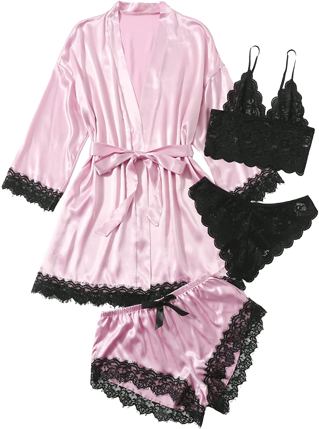 WDIRARA Women'S 4 Pieces Satin Floral Lace Cami Top Lingerie Pajama Set with Robe Apparel & Accessories > Clothing > Underwear & Socks > Lingerie WDIRARA Pink and Black Medium 