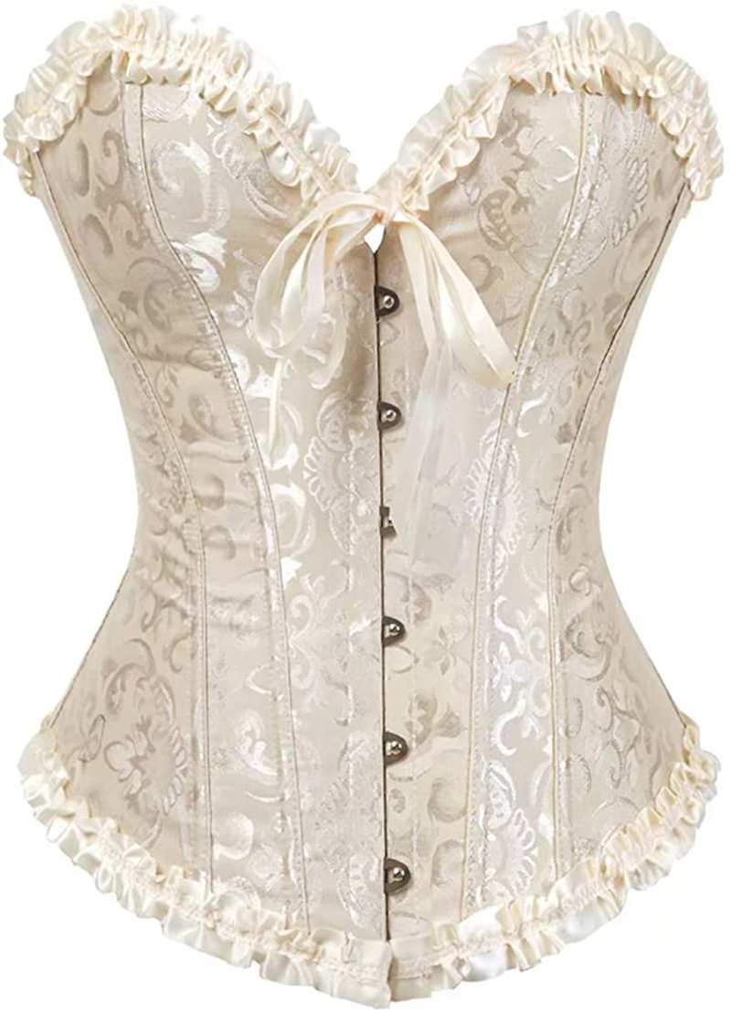 Corset Top Bustier Women'S Overbust Satin Floral Lace up Trim plus Size Bodyshaper Apparel & Accessories > Clothing > Underwear & Socks > Lingerie jutrisujo Beige 819 XX-Large 